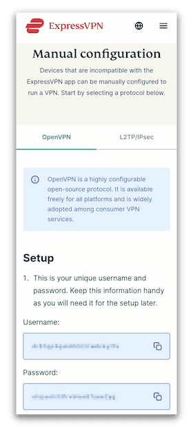 Anmeldedaten für die manuelle Konfiguration von OpenVPN auf ExpressVPN