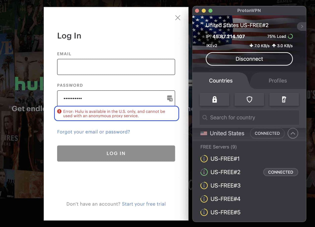 Proton free failed to unblock Hulu