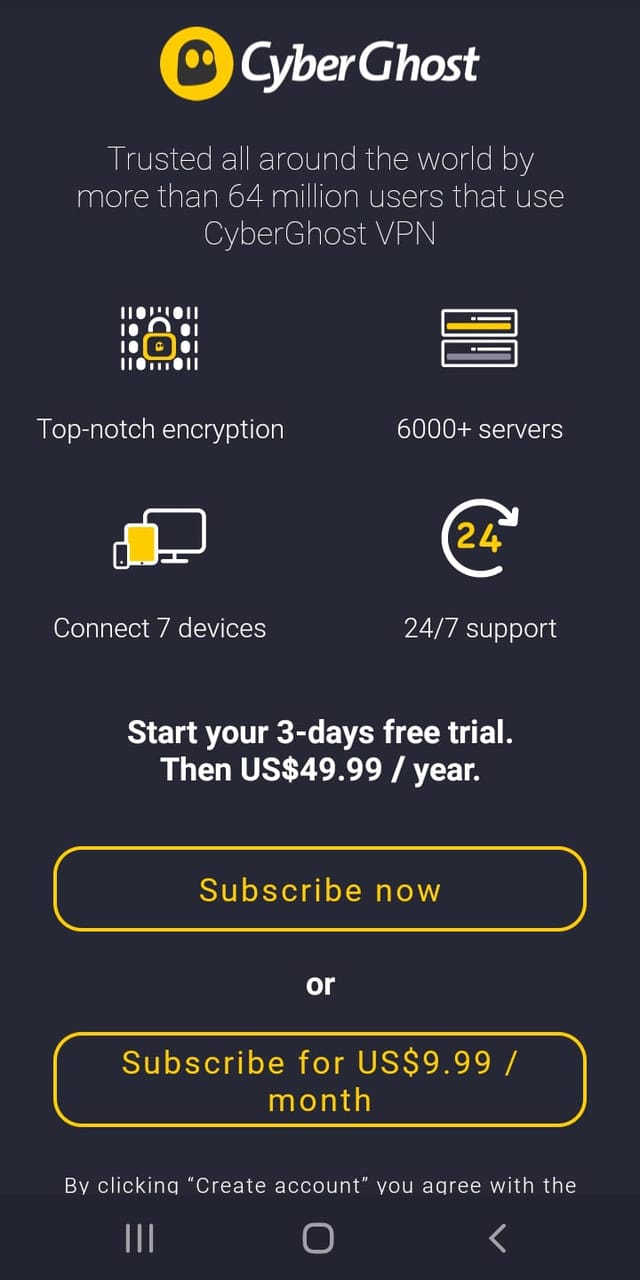 CyberGhost's Android subscription menu