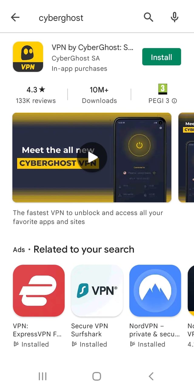 CyberGhost's Google Play Store listing on Android