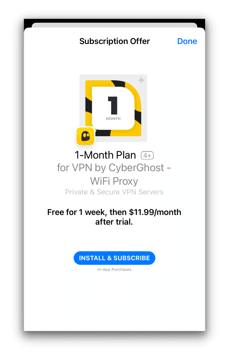 CyberGhost's iOS free trial & subscription screen