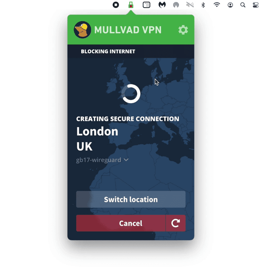 Connecting to a server on the Mullvad macOS app