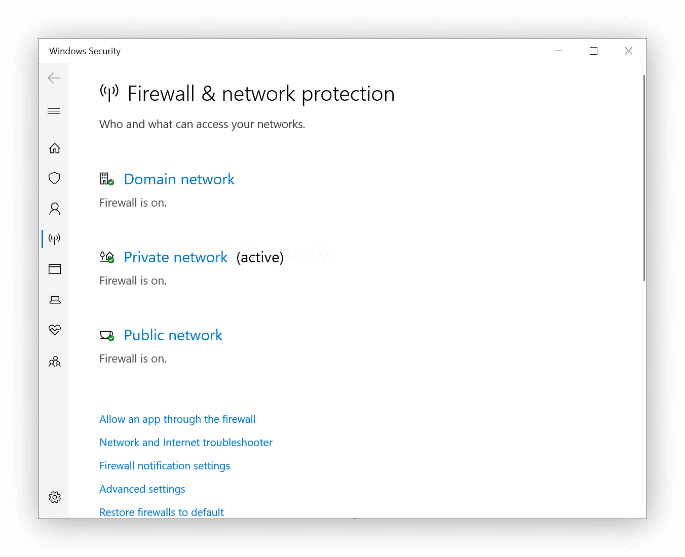 Windows firewall settings