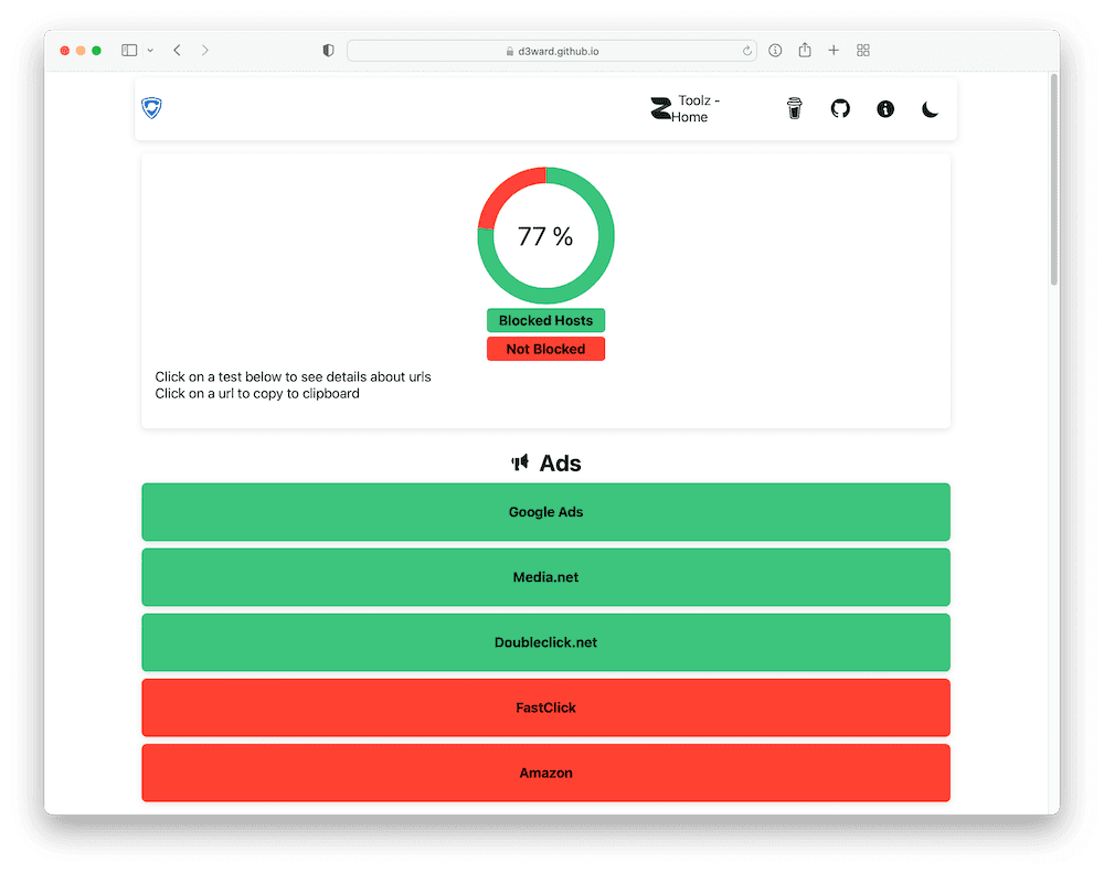 An adblock tester showing that Mozilla VPN successfully blocks 77% of all ads served