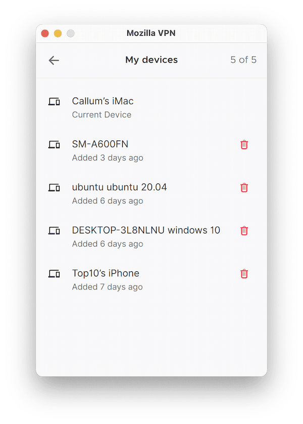 Dispositivos conectados en nuestra aplicación de Mozilla VPN