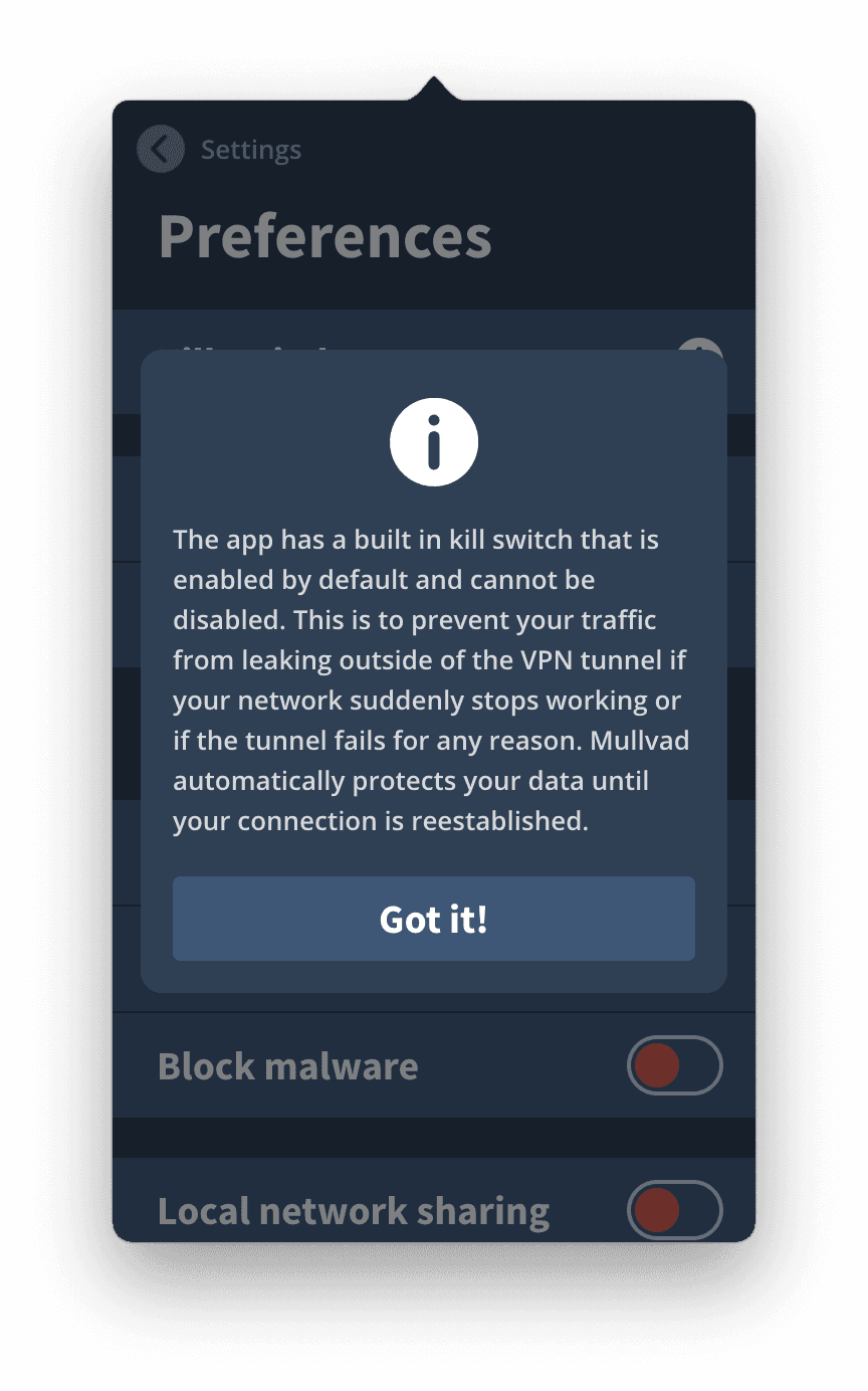 Kill Switch integrato di Mullvad.