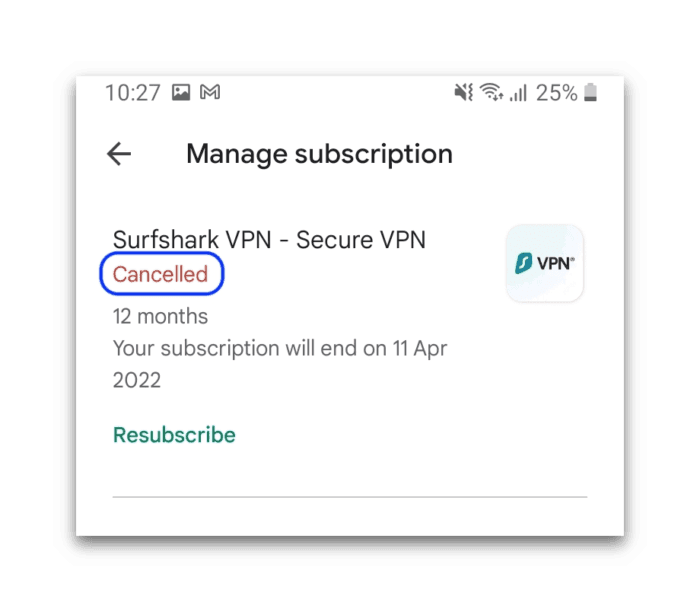 Surfshark Android Free Trial Cancelled Notification