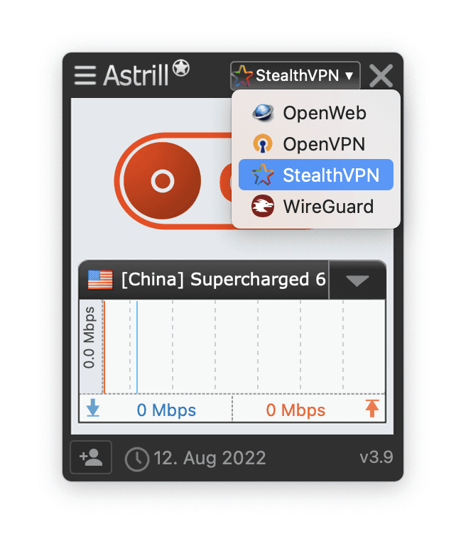 Capture d'écran du client macOS d'Astrill.