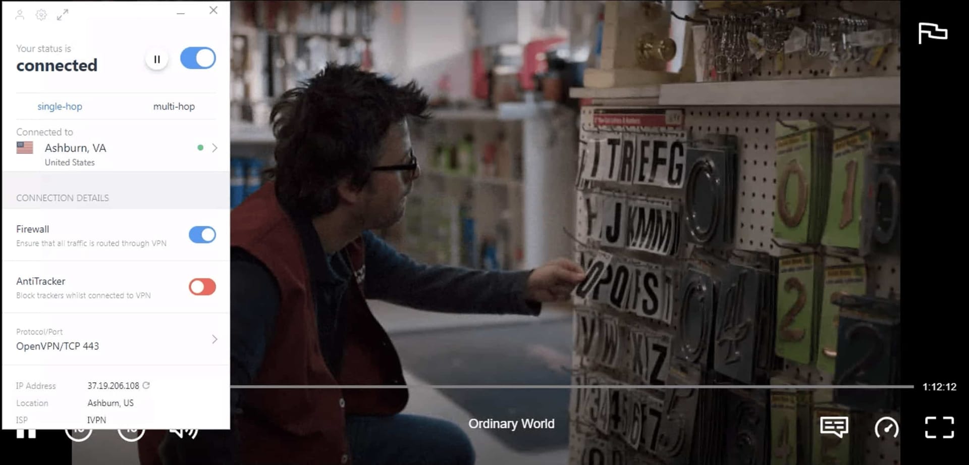 Using IVPN, we successfully streamed Ordinary World on US Netflix.