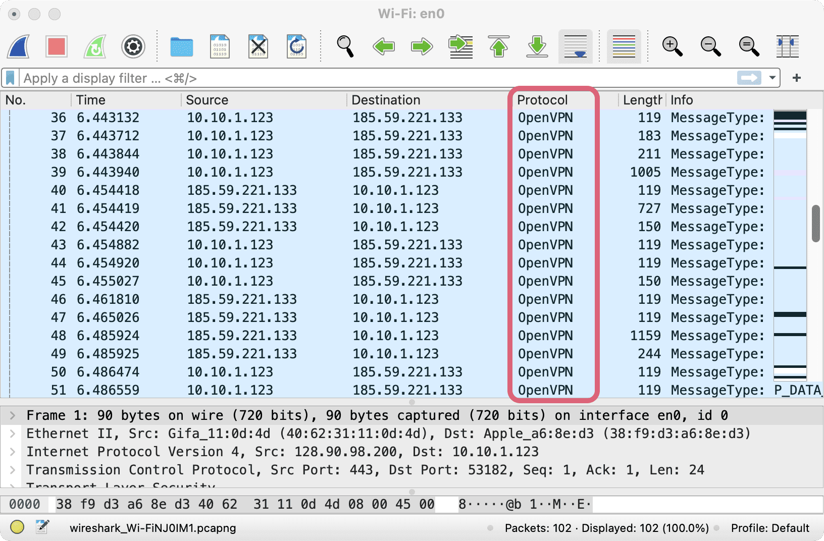 Captura de pantalla de la herramienta de inspección de paquetes