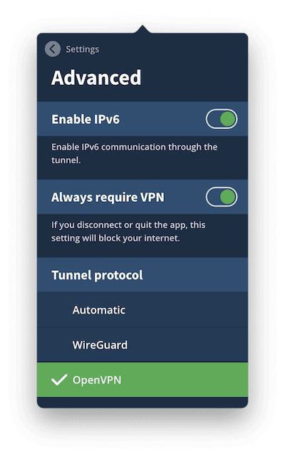 Mullvad's advanced security settings