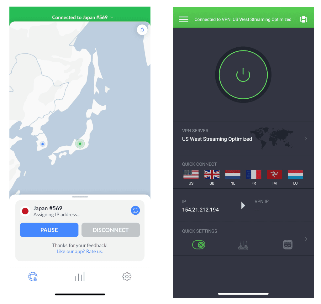 Side-by-side image of NordVPN and PIA's apps on iOS