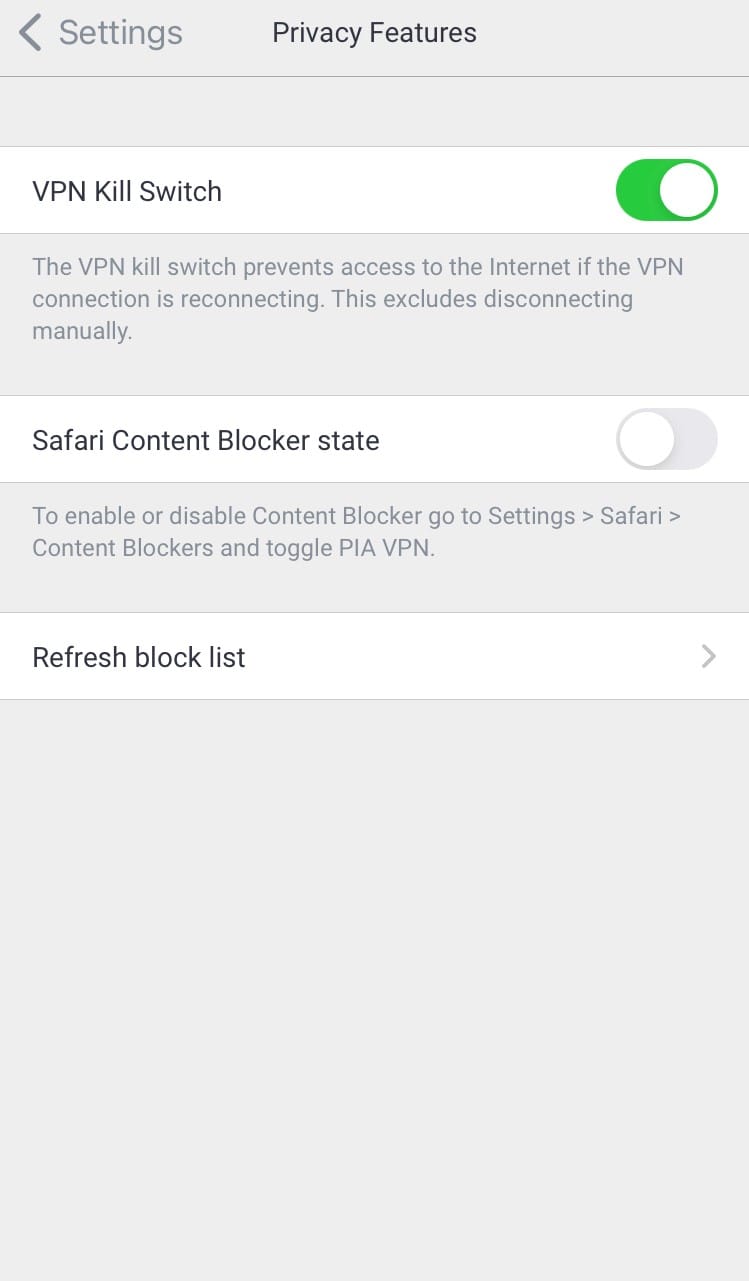 Los ajustes del Kill Switch para la aplicación de iOS de Private Internet Access