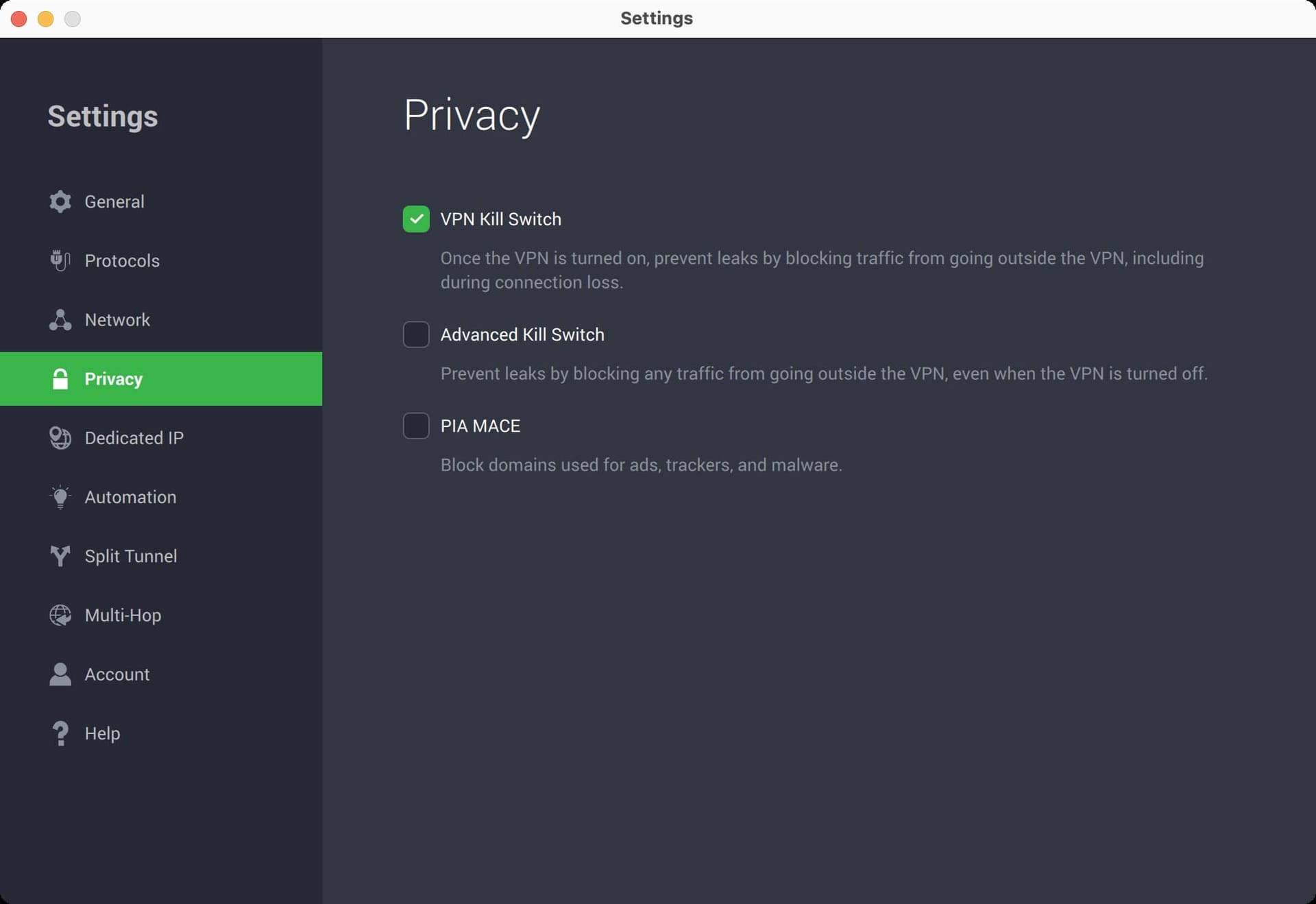 The kill switch settings for Private Internet Access' macOS client