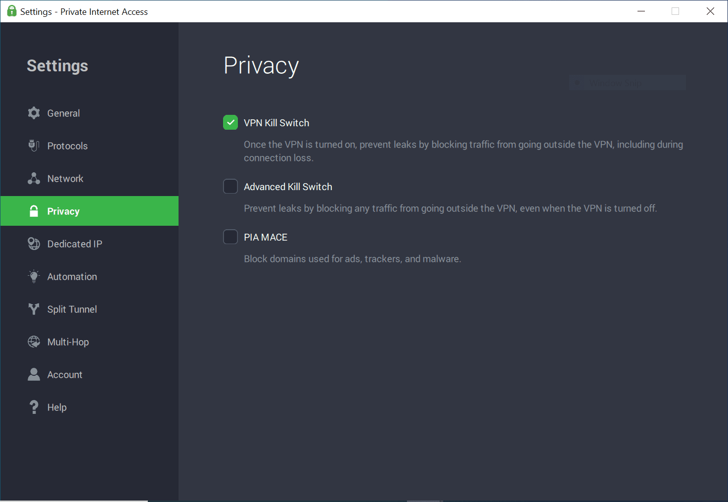 The kill switch settings for Private Internet Access' Windows client