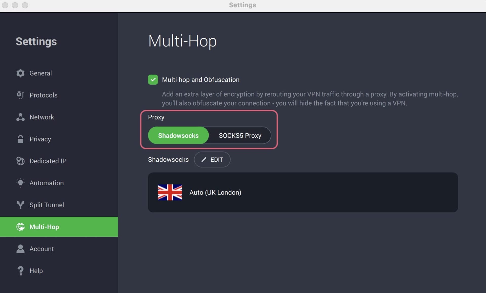 Captura del proxy Shadowsocks de Private Internet Access 