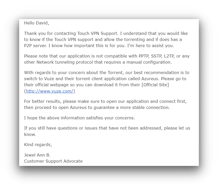 An email from Touch VPN's support team clarifying the VPN's torrenting policy