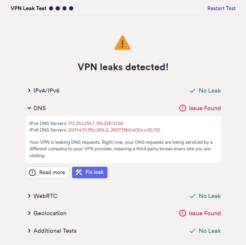 Touch VPN leaks DNS requests according to our leak test tool