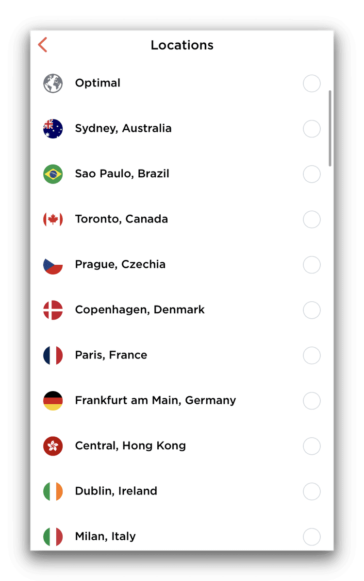 Touch VPN's server locations on iOS