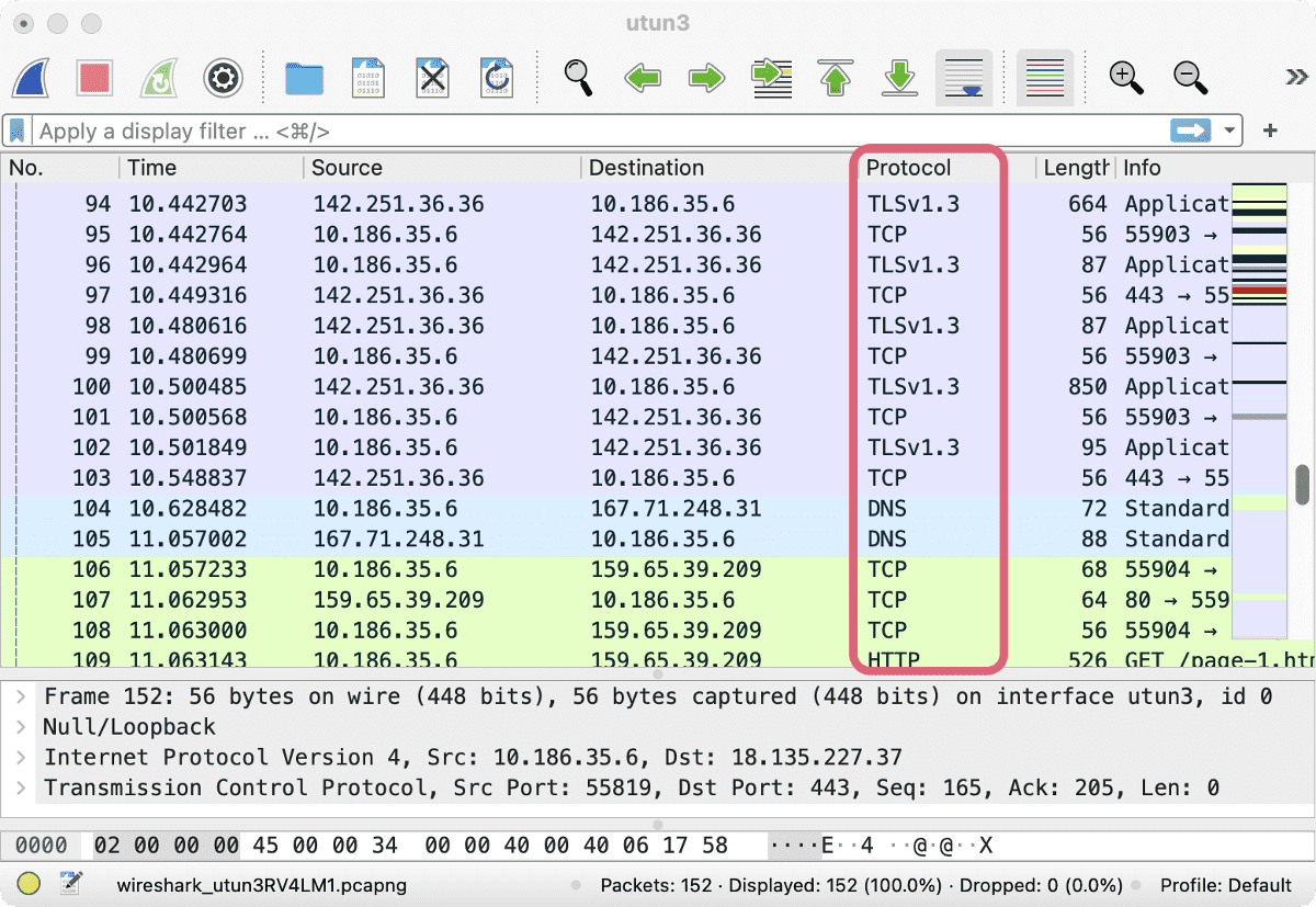 Captura de pantalla de Wireshark