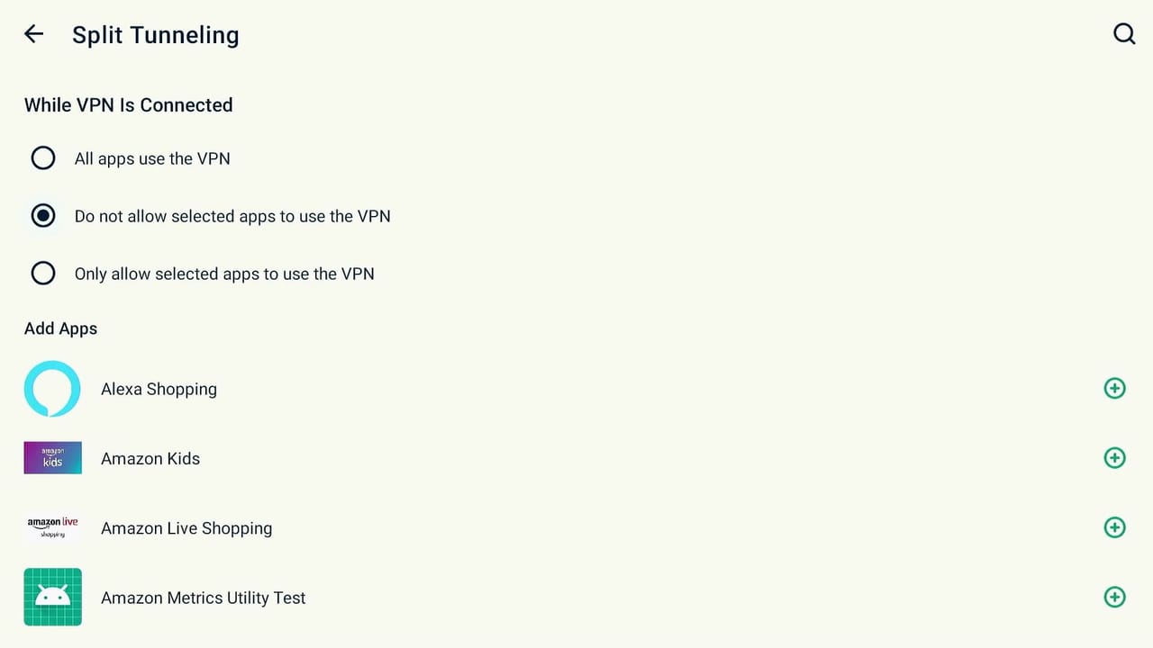 Choosing apps to split tunnel on ExpressVPN for Fire TV