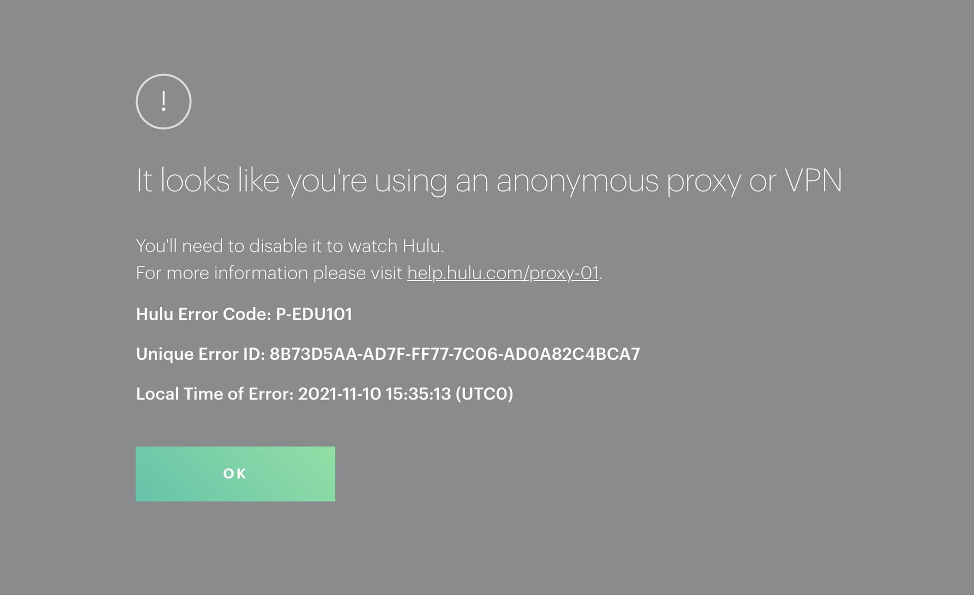 Codice di errore Hulu Notifica di errore di rilevamento proxy