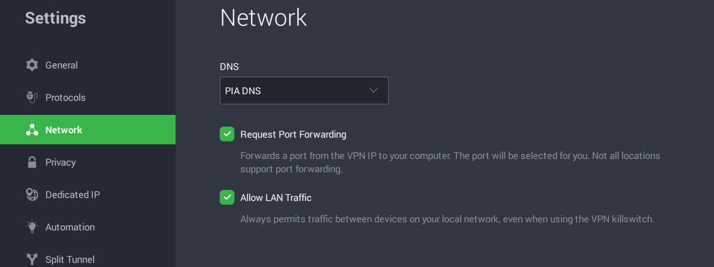 The "Request Port Forwarding' option in PIA's settings menu