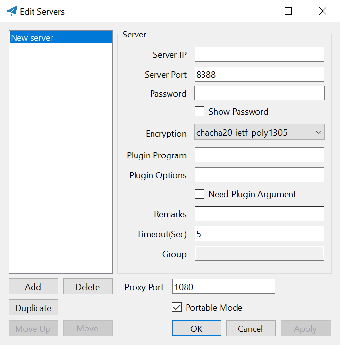 The main menu of the Shadowsocks client