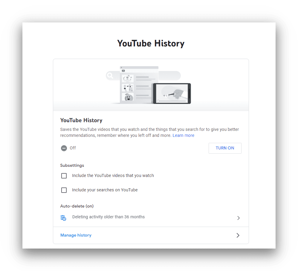 YouTube History settings