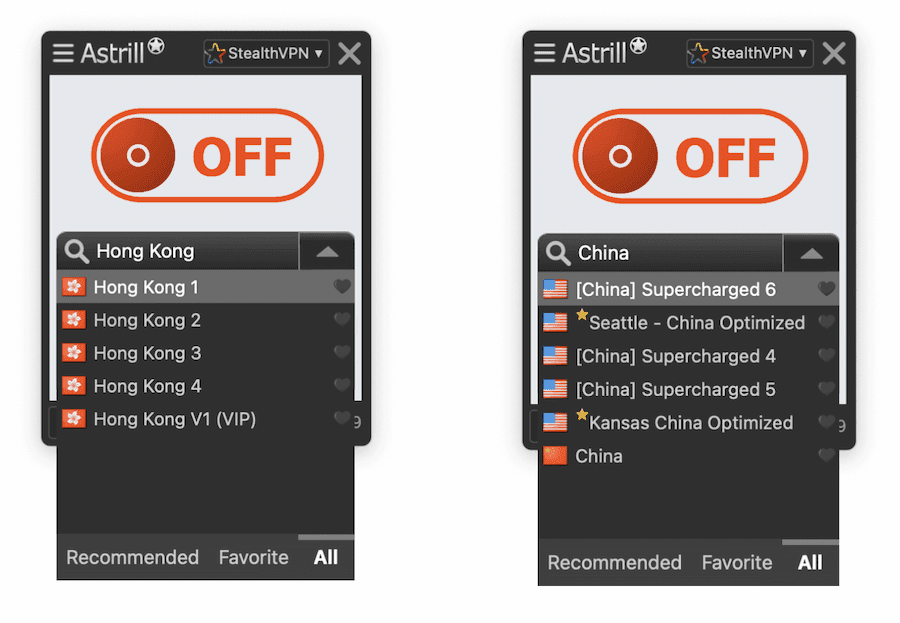O cliente macOS da Astrill buscando por servidores otimizados para Hong Kong e a China. 