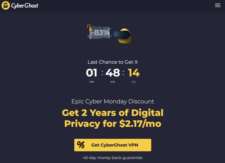 Screenshot of CyberGhost's website on Cyber Monday