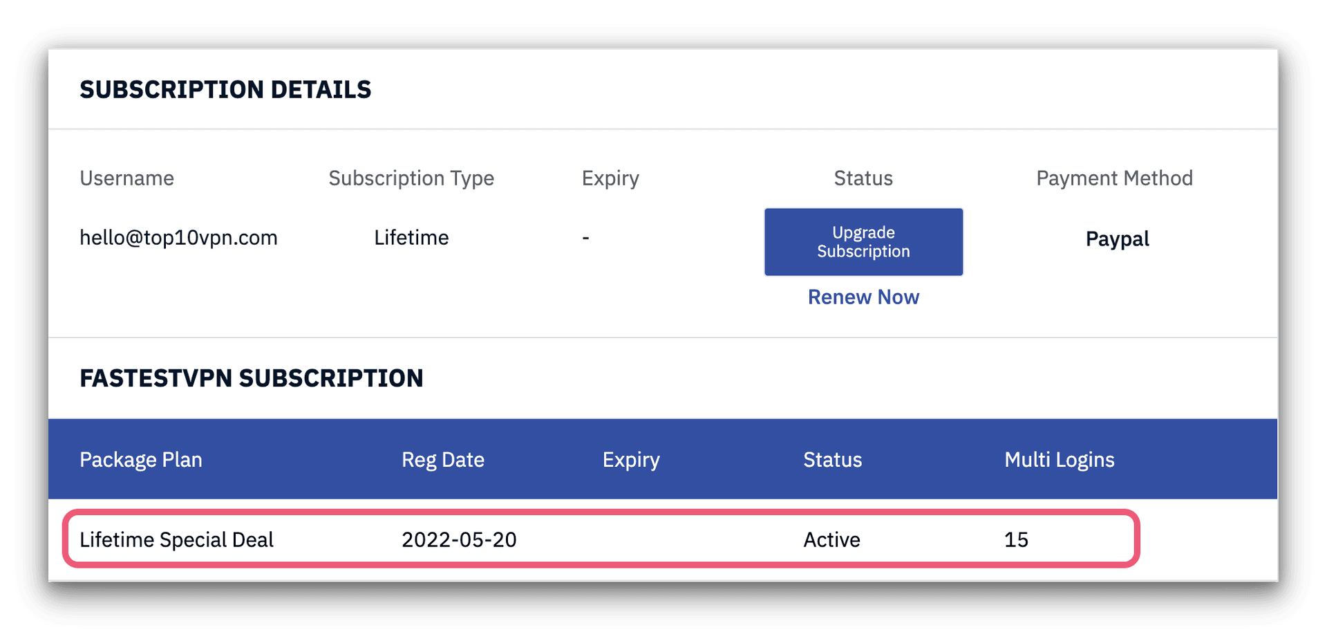 Capture d'écran de notre abonnement VPN à vie avec FastestVPN, montrant qu'il n'a pas de date d'expiration et 15 appareils.