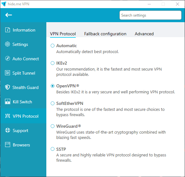 Impostazioni di selezione del protocollo nel client Windows di Hide.me