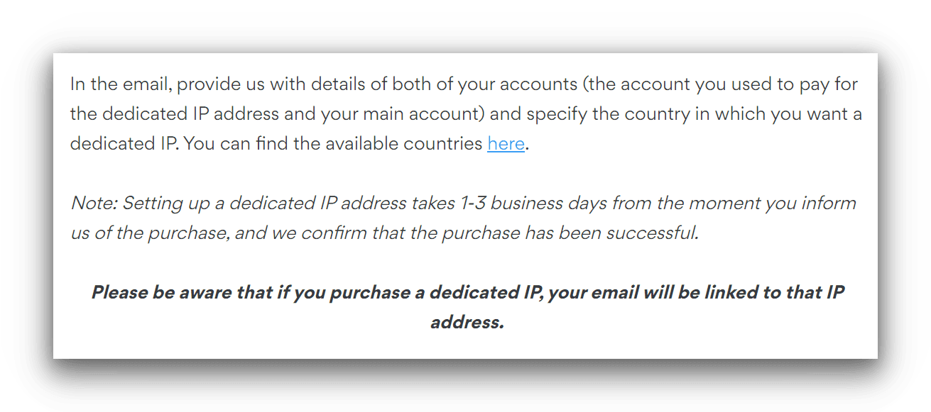 An extract from NordVPN's website warning against using a dedicated IP address