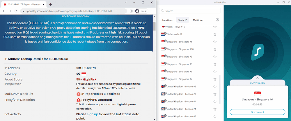 Using a VPN detection tool on Surfshark's dedicated IP address