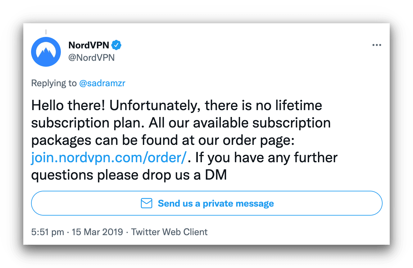 NordVPN saying they don't offer a lifetime subscription on Twitter.