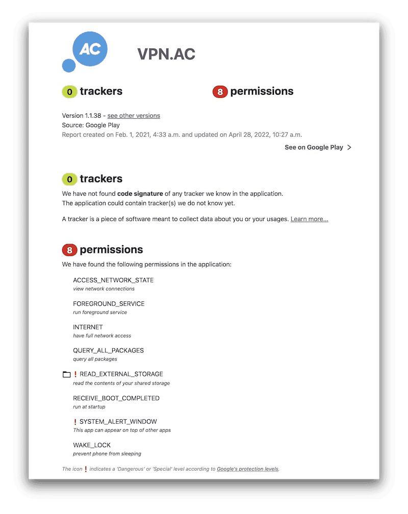 VPN.AC being checked for permissions by the exodus tool