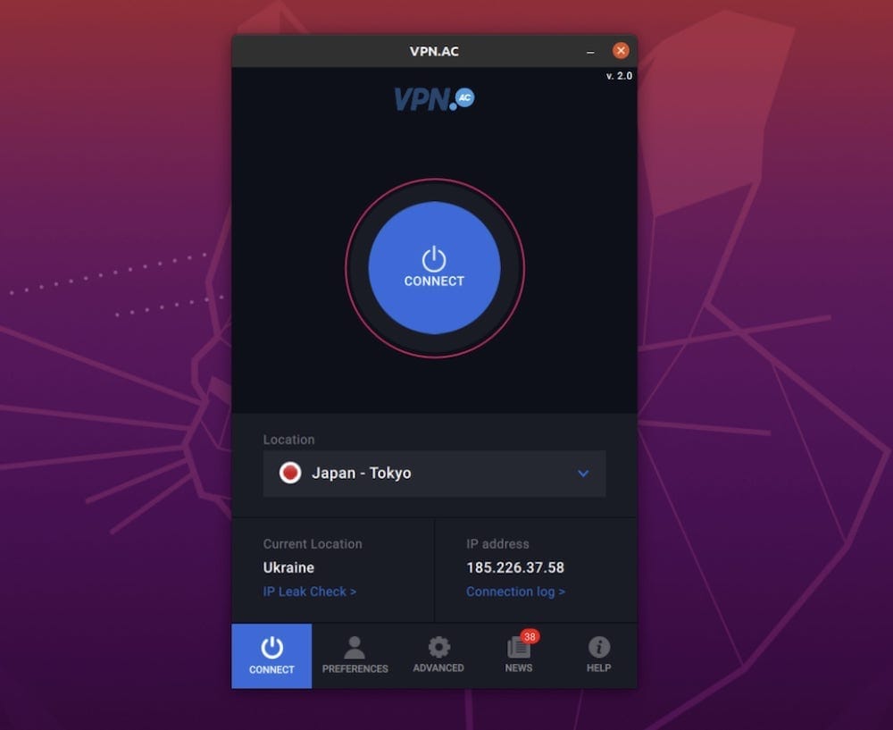 VPN.AC's homescreen on Linux