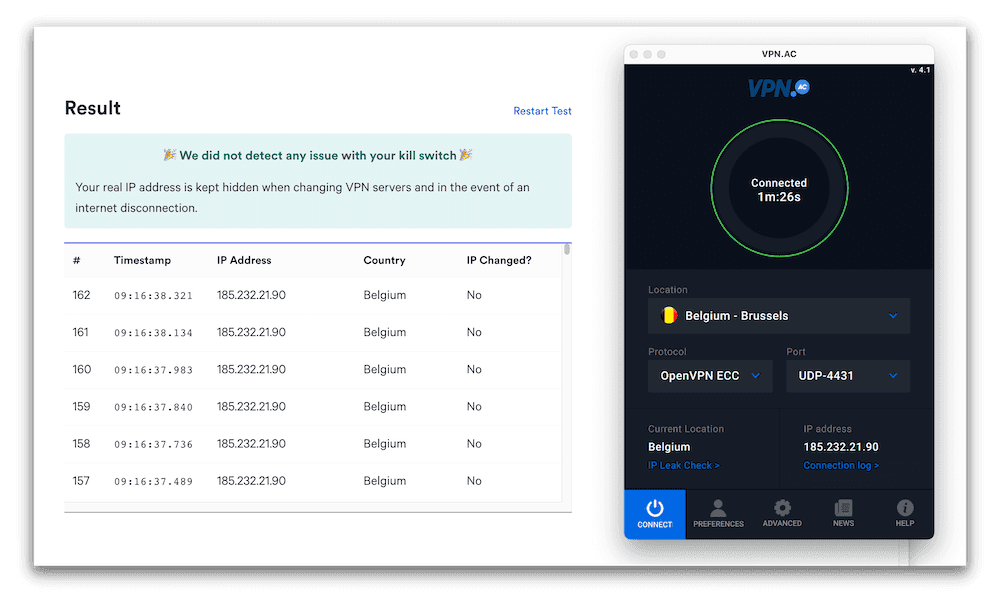 Kill switch test results with VPN.AC on macOS showing no leaks