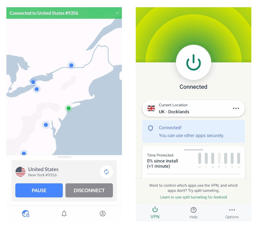 NordVPN and ExpressVPN's mobile apps side-by-side.