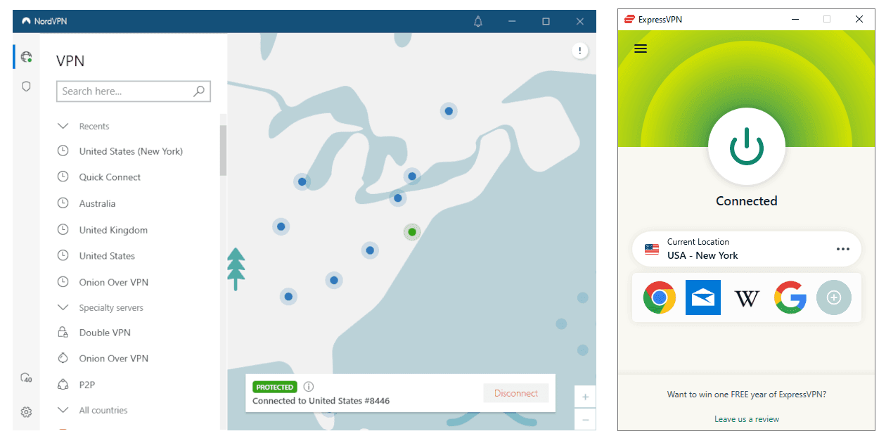 NordVPN and ExpressVPN's desktop apps side-by-side.