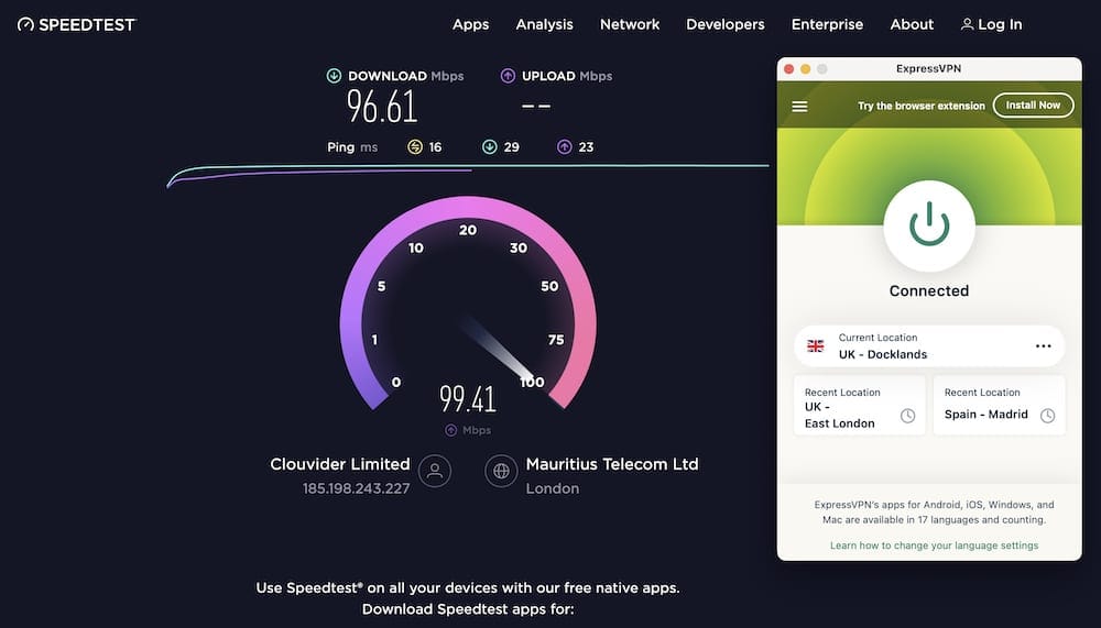 ExpressVPN połączony z najbliższym serwerem zanotował na speedtest.net imponującą prędkość pobierania wynoszącą 99,41 Mb/s