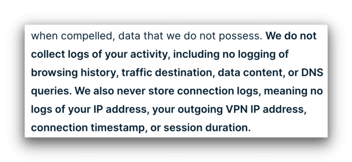 Captura de pantalla de la política de privacidad de ExpressVPN dice que no registrar actividad o o conexión.