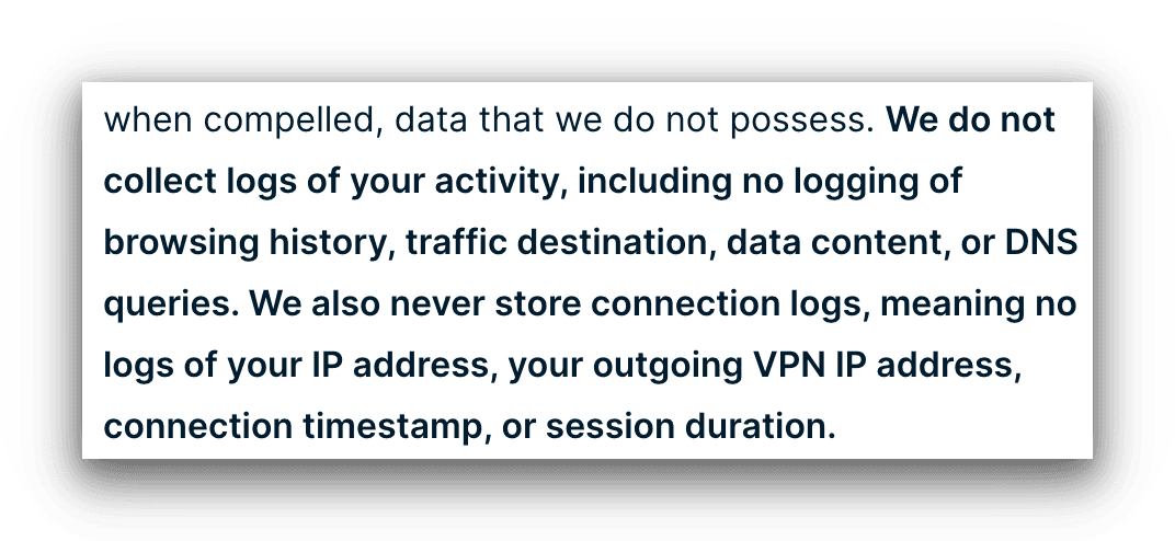 Screenshot of ExpressVPN's Privacy Policy that claims it doesn't keep activity or connection logs.