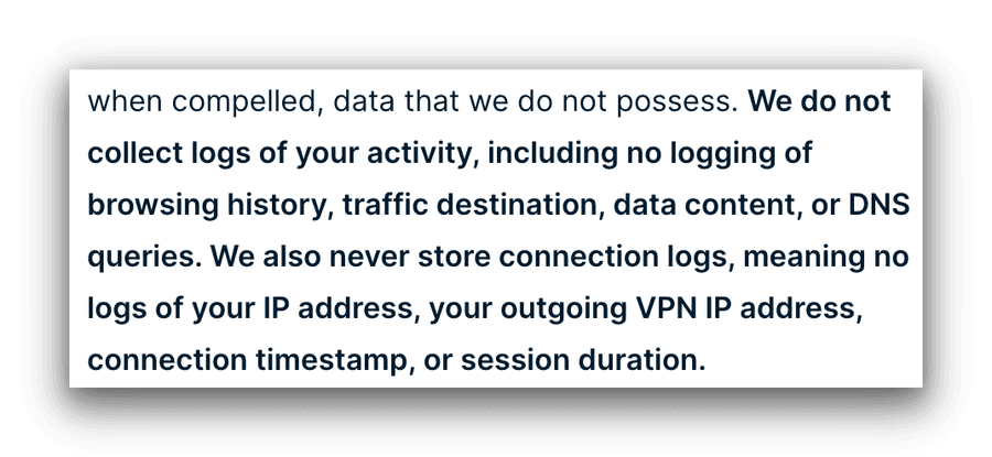 Screenshot of ExpressVPN's Privacy Policy that claims it doesn't keep activity or connection logs.