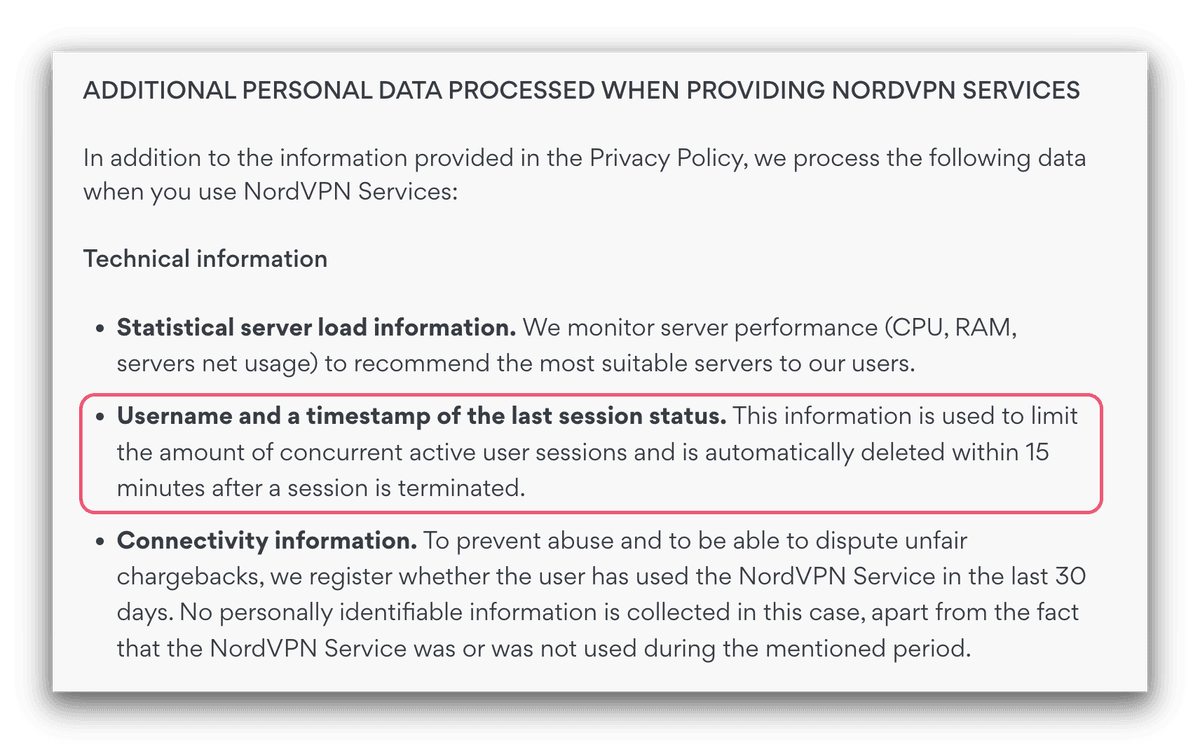 NordVPN's Privacy Policy that states it stores your username and timestamp of when you logged in for 15 mins after a session finishes.