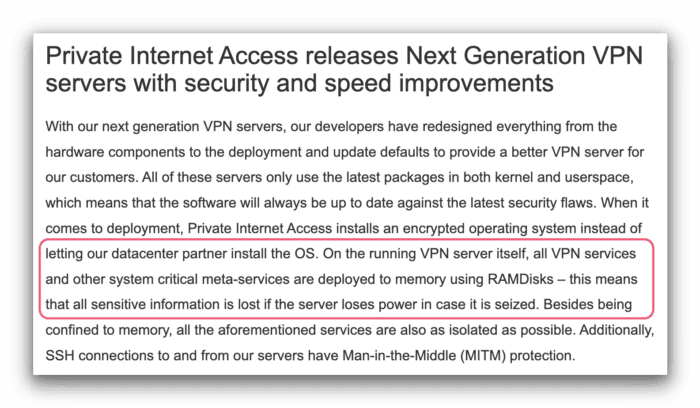 Captura de pantalla de la página web de PIA enseñando que han implementado servidores RAM