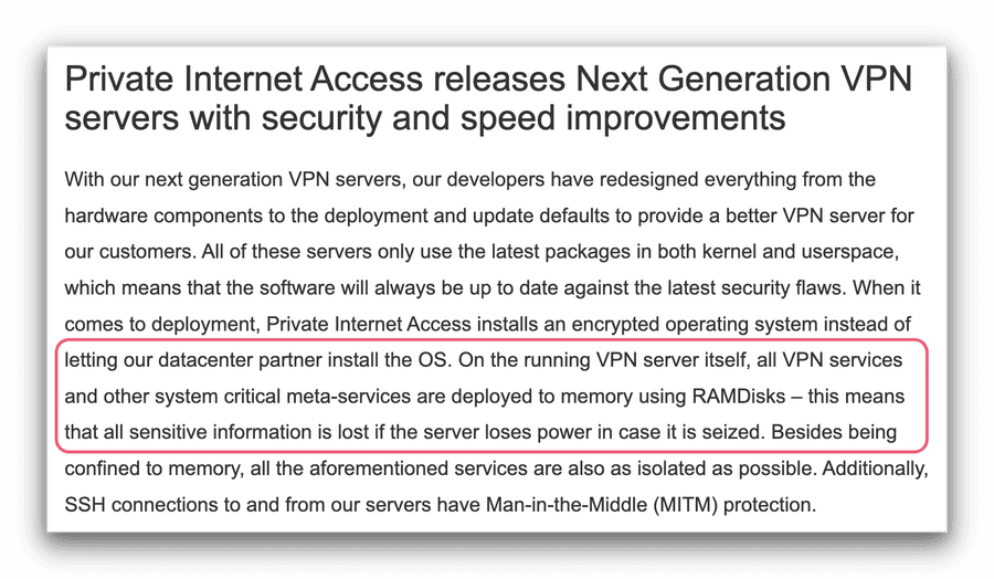 PIA's website showing they've implemented RAM servers.