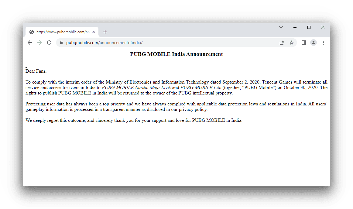 An announcement on PUBG Mobile's website in India