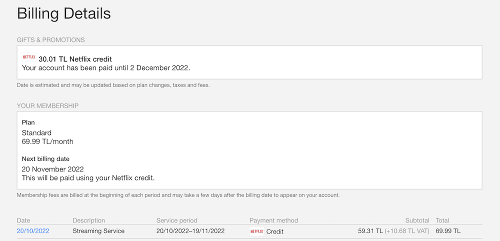 Schermata di fatturazione dell'account Netflix che mostra l'utilizzo di un buono per il pagamento.